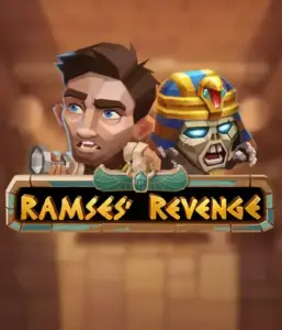 Uncover the ancient world of the Ramses' Revenge game by Relax Gaming, showcasing a frightened explorer and a terrifying mummy set against an Egyptian tomb backdrop. This image depicts the excitement of ancient Egyptian myths, ideal for adventure seekers, providing a gripping escape. 